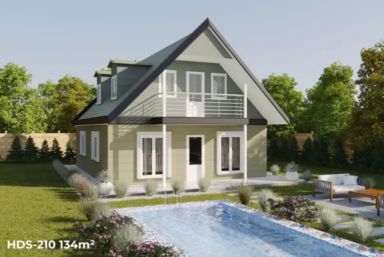 Tekirdağ Trakya’da 134 m² HDS-210 model prefabrik evin geniş verandalı modern ön cephe görünümü