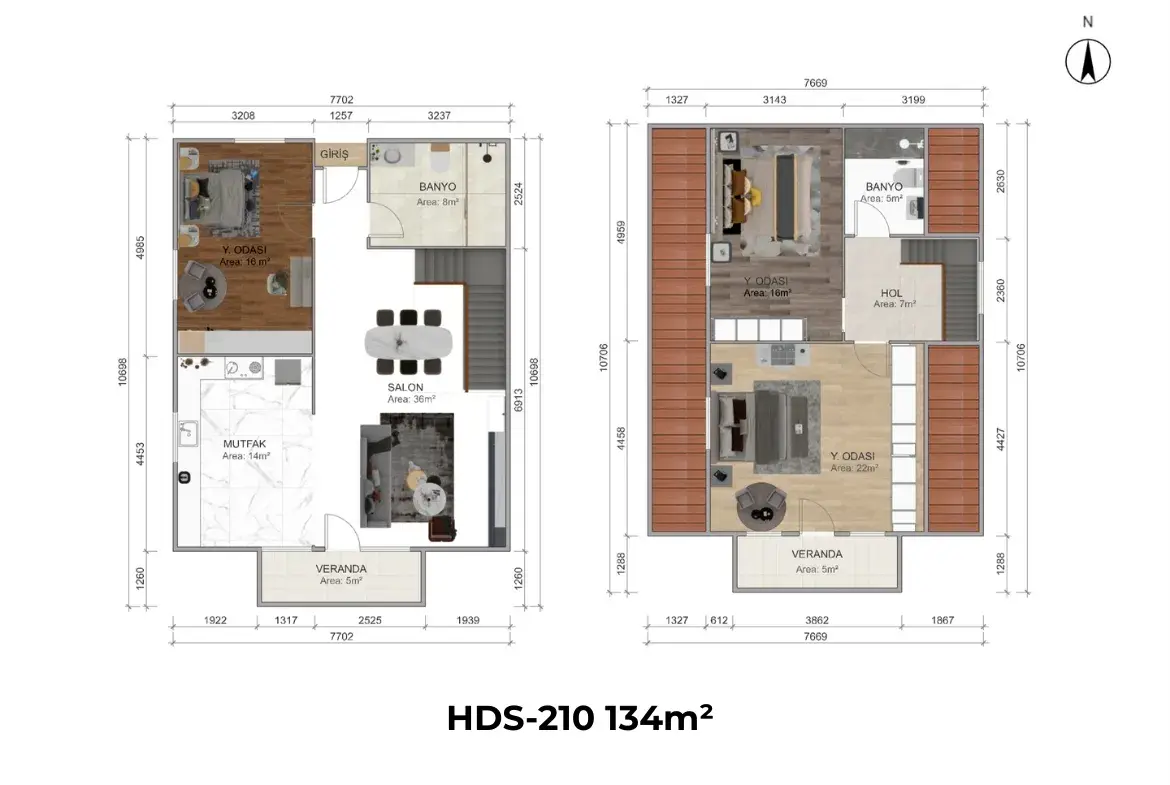 HDS-210 134 m² prefabrik evin tüm ölçülerle hazırlanmış iki boyutlu kat planı