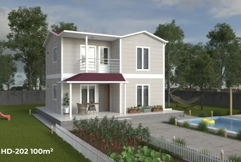 HD-202 100 m² 2 katlı dubleks prefabrik ev – bahçeli yan cephe, balkonlu ve verandalı