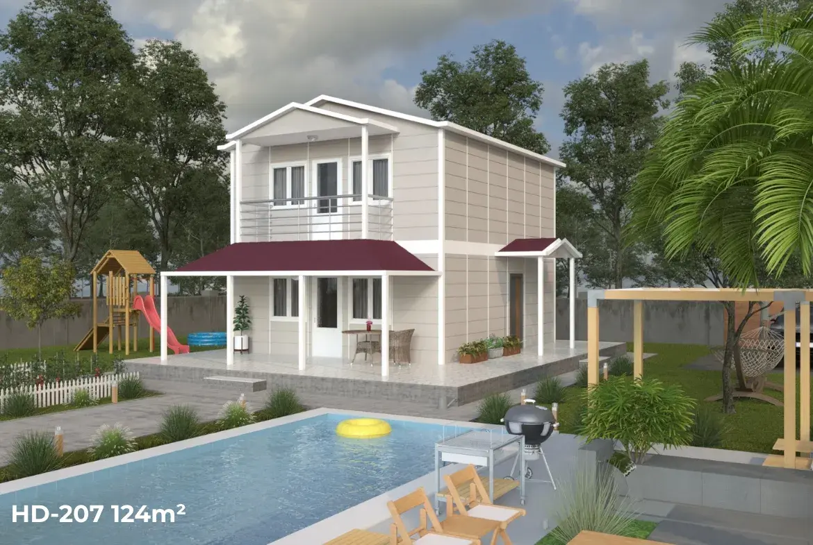 Havuz kenarında yer alan HD-207 124 m² dubleks prefabrik ev, yan cepheden görünüm, geniş balkon ve ferah veranda detaylı.