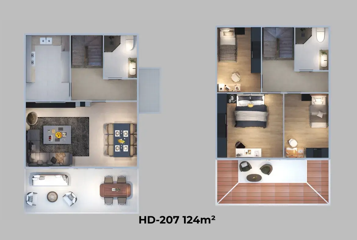 HD-207 124 m² dubleks prefabrik evin iç mekân ve kat planı, 24 m² salon ve 16 m² veranda detaylı.