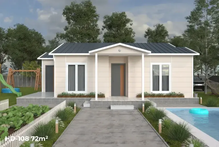HD-108 72 m² prefabrik evin havuz kenarından geniş açı dış cephe görünümü