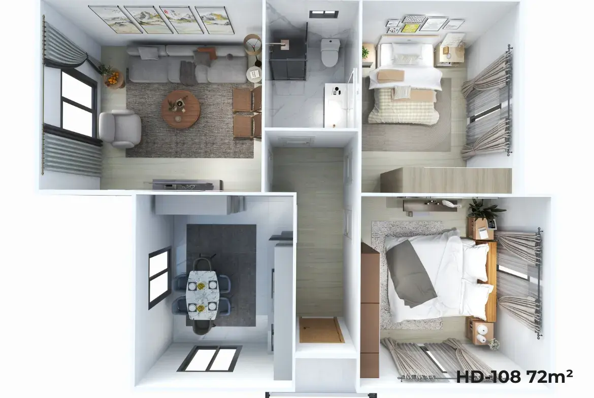 Tekirdağ Trakya’da 72 m² HD-108 model prefabrik evin mobilyalı 3 boyutlu iç planı