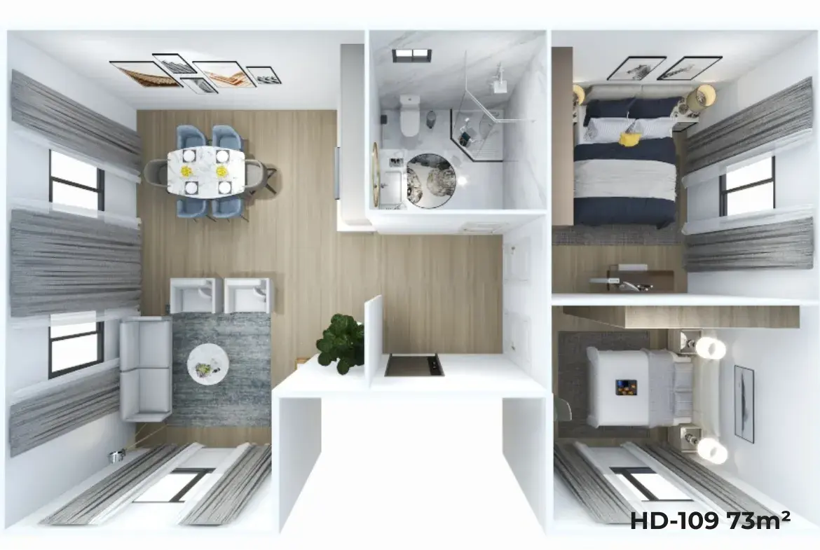 HD-109 73 m² prefabrik evin 3 boyutlu kat planı, açık salon-mutfak düzeni ve geniş pencereler ile.