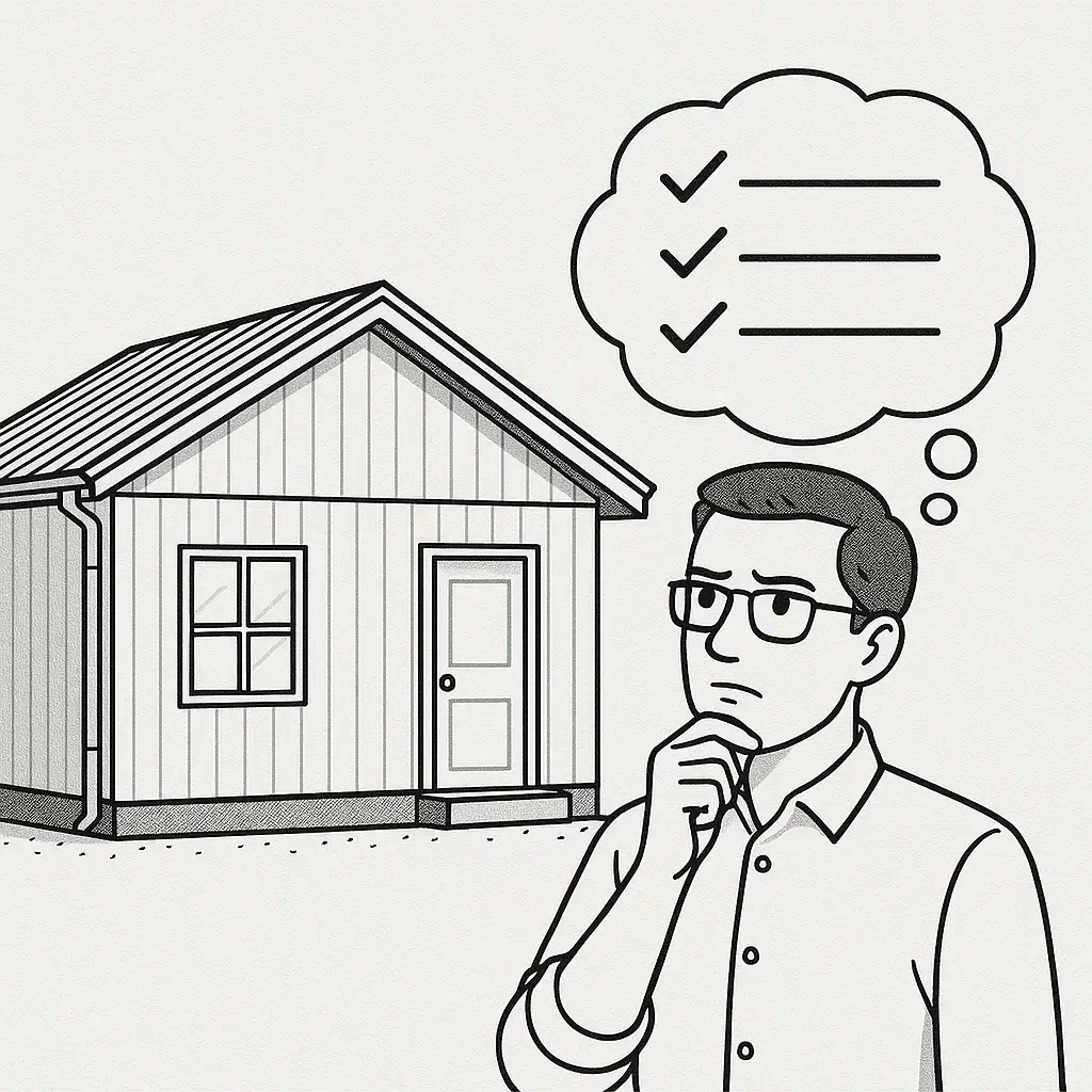 Prefabrik ev satın alırken dikkat edilmesi gerekenleri düşünen bir kişi ve yanında prefabrik ev çizimi
