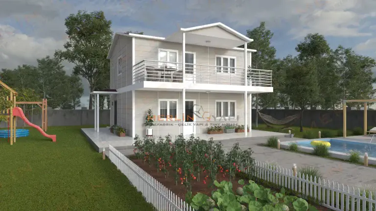 Arka bahçe ve yan cepheden görünen balkonlu 3+1 dubleks prefabrik ev – HD-205