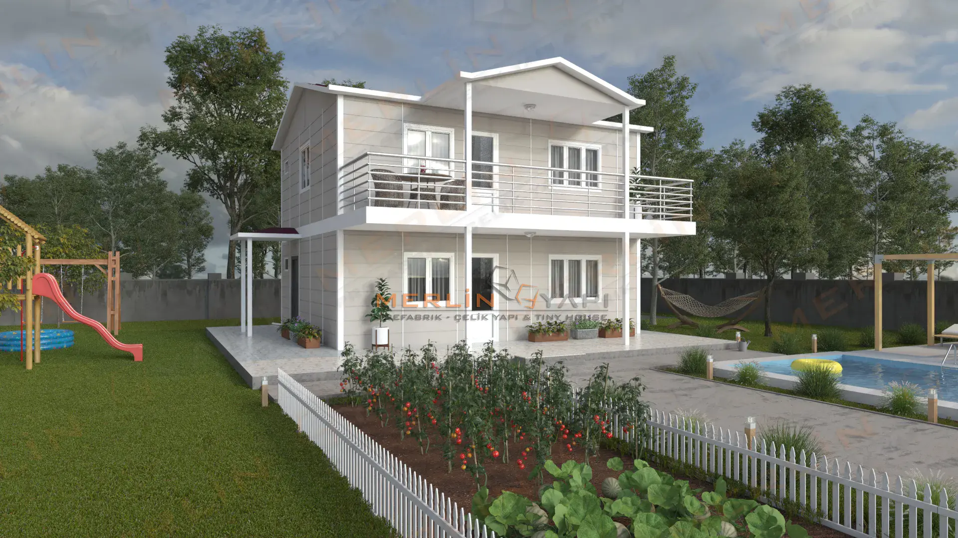 Arka bahçe ve yan cepheden görünen balkonlu 3+1 dubleks prefabrik ev – HD-205