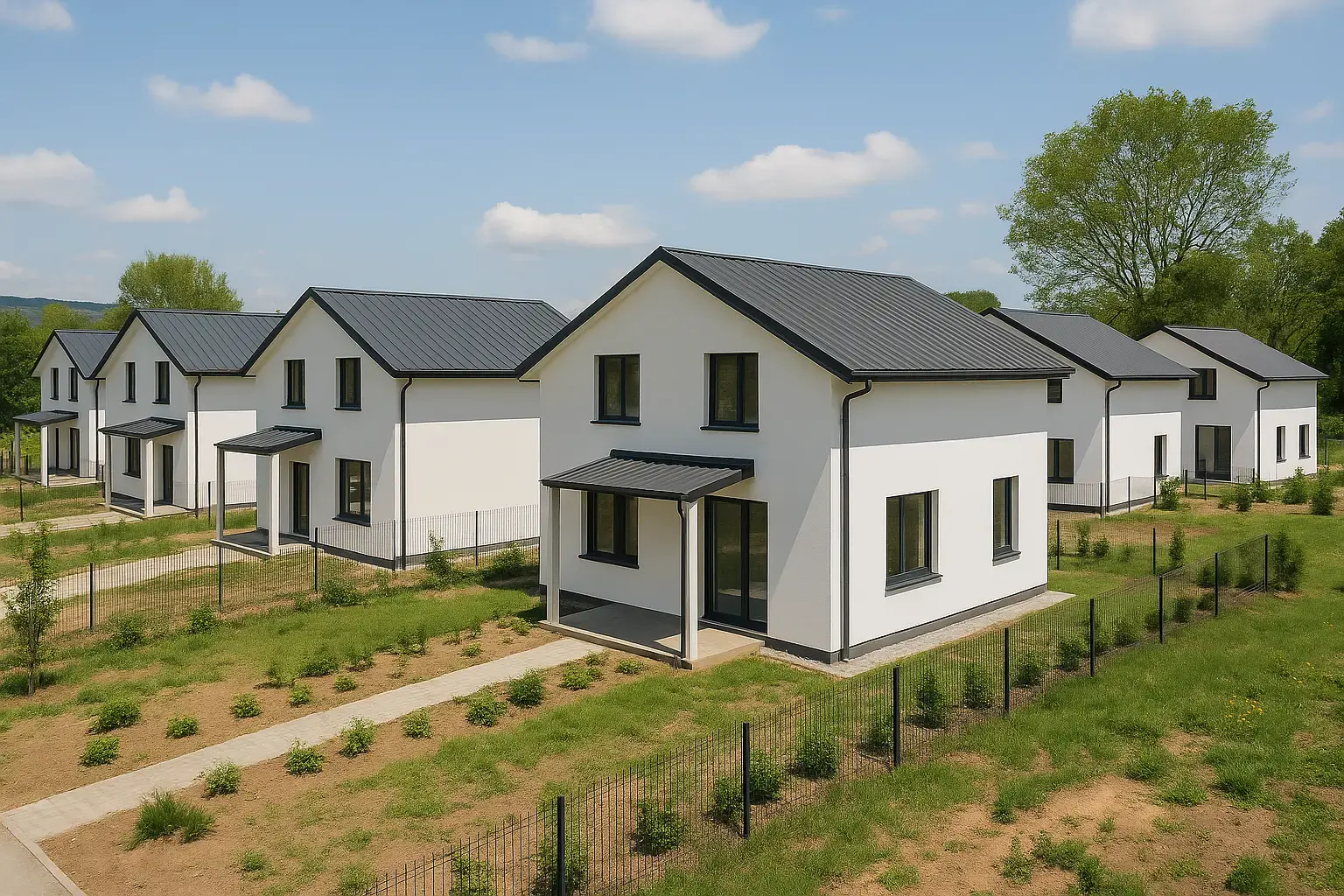 Yan yana dizilmiş beyaz cepheli, beşik çatılı modern çelik evlerden oluşan toplu proje