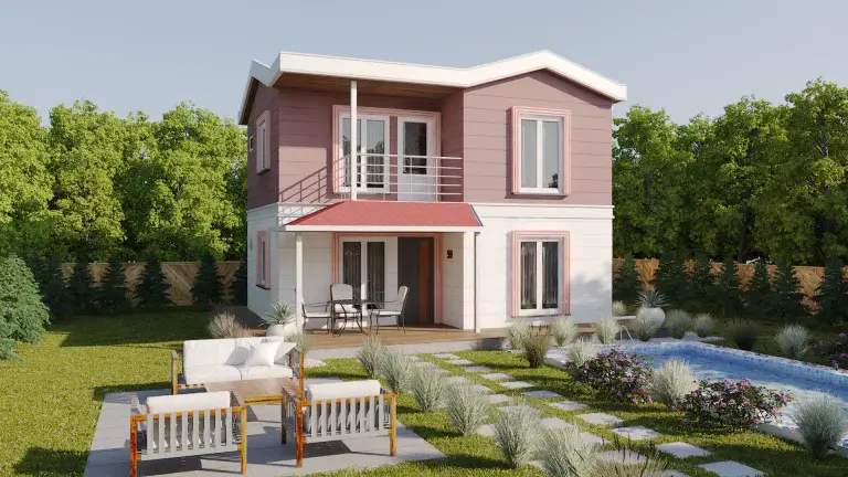 HDS-202 100 m² dubleks çelik ev – modern bahçeli ve balkonlu açık renk cephe