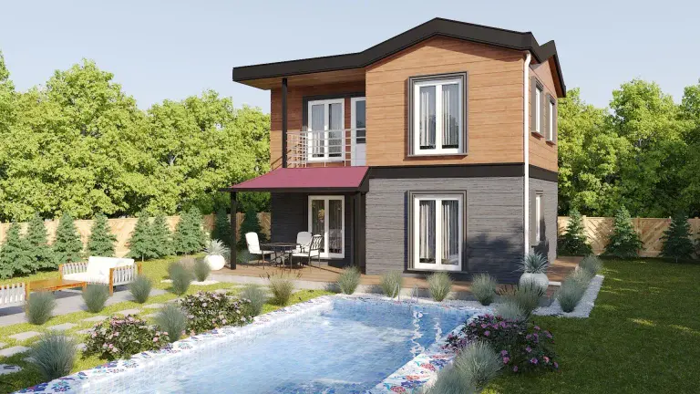 HDS-202 100 m² dubleks çelik ev – ahşap ve gri cephe kombinasyonu, havuz kenarı modern ev