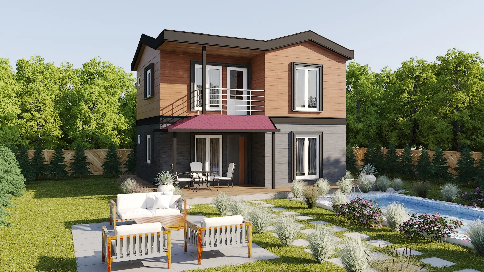 HDS-202 100 m² dubleks çelik ev – ahşap ve koyu gri cepheli, balkonlu modern yapı