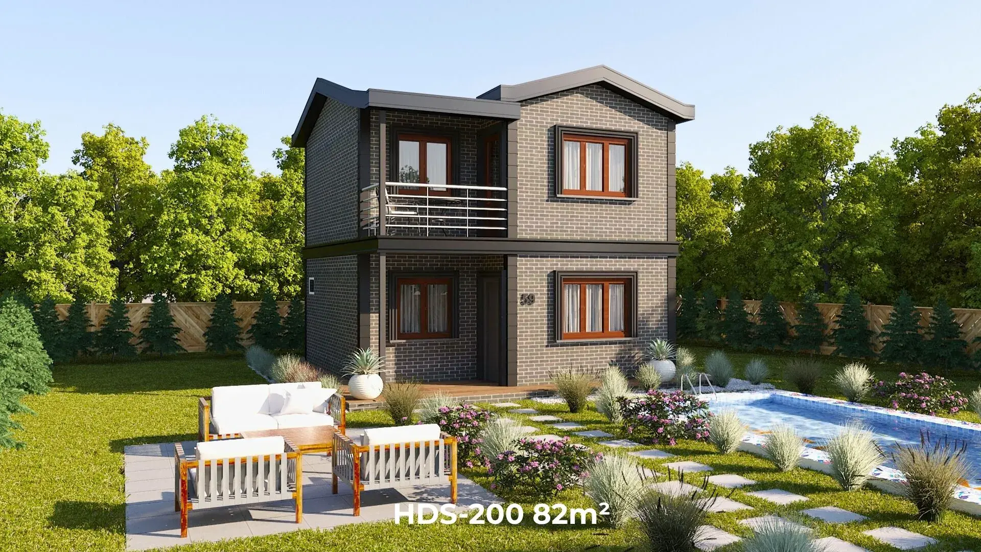 HD Steel 200 modeli 82 m² 2+1 dubleks çelik ev, koyu enk dış cephe ve modern bahçe peyzajı
