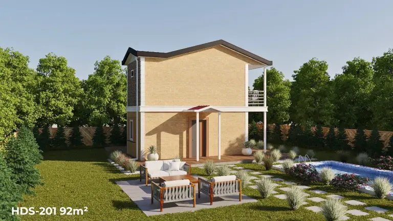 Arka cepheden HDS-201 92 m² dubleks çelik ev ve bahçe mobilyaları.