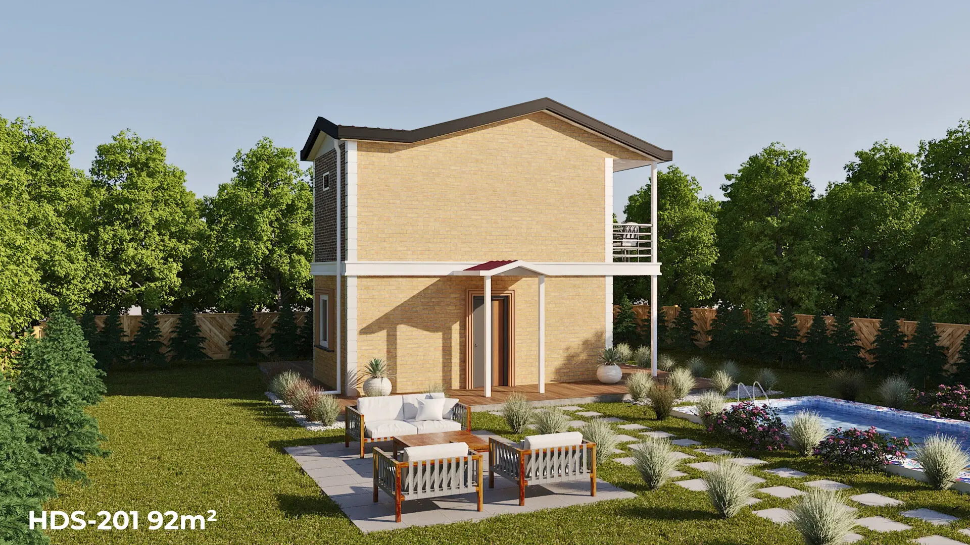 Arka cepheden HDS-201 92 m² dubleks çelik ev ve bahçe mobilyaları.