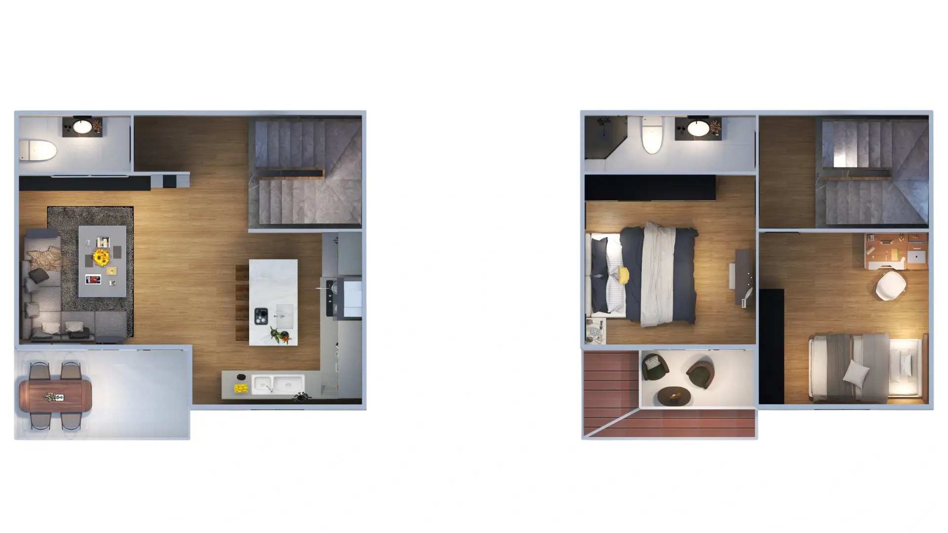 HDS-202 100 m² dubleks çelik ev – iki katlı iç plan, zemin ve üst kat yerleşimi