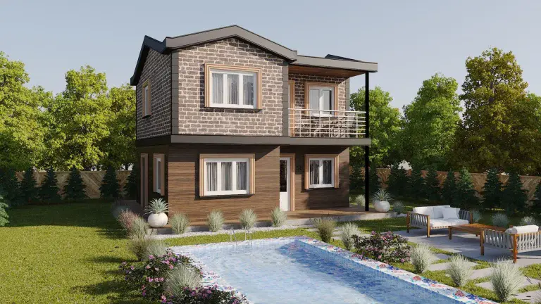 Ahşap dokulu koyu renk cepheli HDS-204 dubleks çelik ev, peyzajlı bahçeyle uyumlu görünüm