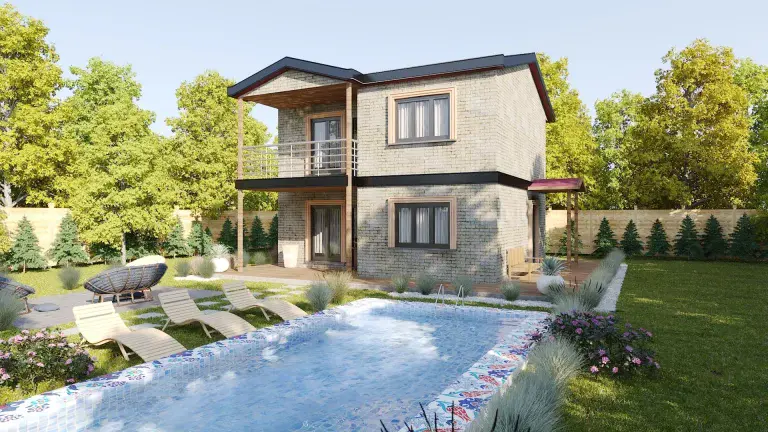 Havuzlu bahçesiyle taş kaplama dış cepheli HDS-206 118 m² dubleks çelik ev