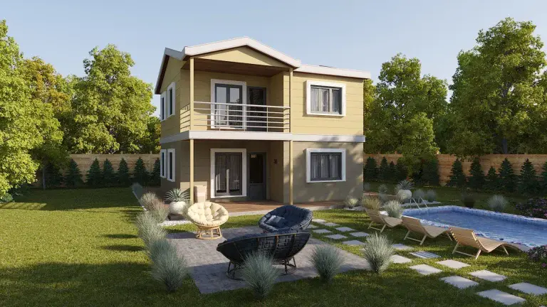 Açık bej renkli dış cepheye sahip HDS-206 118 m² dubleks çelik ev yan cephe görünümü