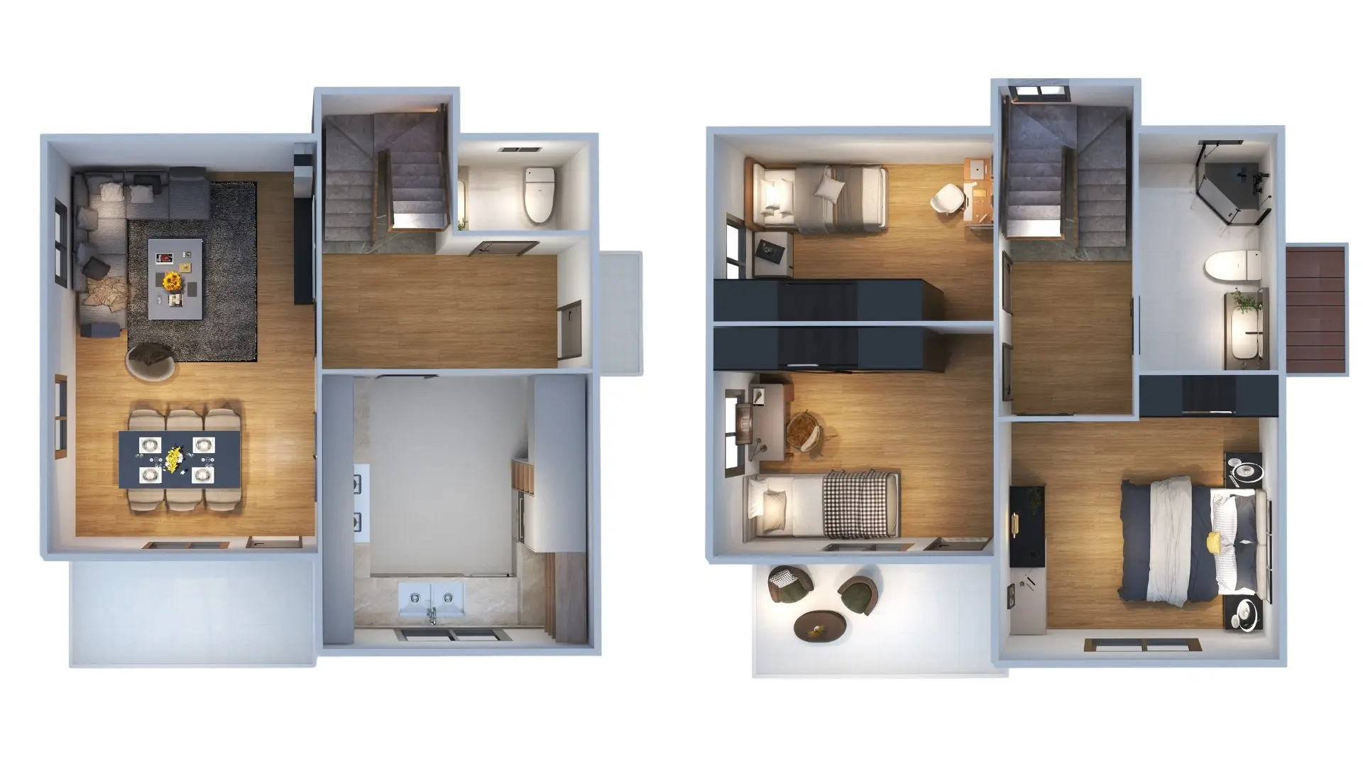 HDS-206 118 m² 3+1 dubleks çelik ev iki katlı plan çizimi – zemin ve birinci kat yerleşimi