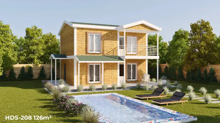 Ahşap detaylı HDS-208 126 m² 3+1 dubleks çelik ev, doğayla uyumlu modern tasarım ve geniş bahçe.