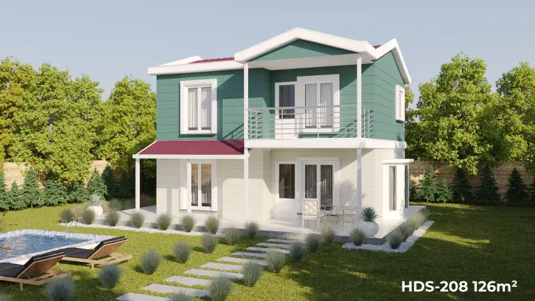 Yeşil cepheli HDS-208 126 m² 3+1 dubleks çelik ev, bahçe ve havuz manzaralı ferah tasarım.