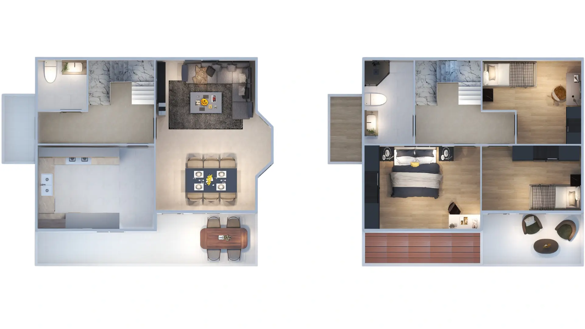 HDS-208 126 m² çelik evin 3+1 dubleks kat planı, ferah ve geniş iç mekân düzeni.