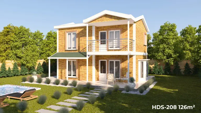 Sarı cepheli HDS-208 126 m² 3+1 dubleks çelik ev, modern mimarisi ve geniş terasıyla ferah yaşam alanı.