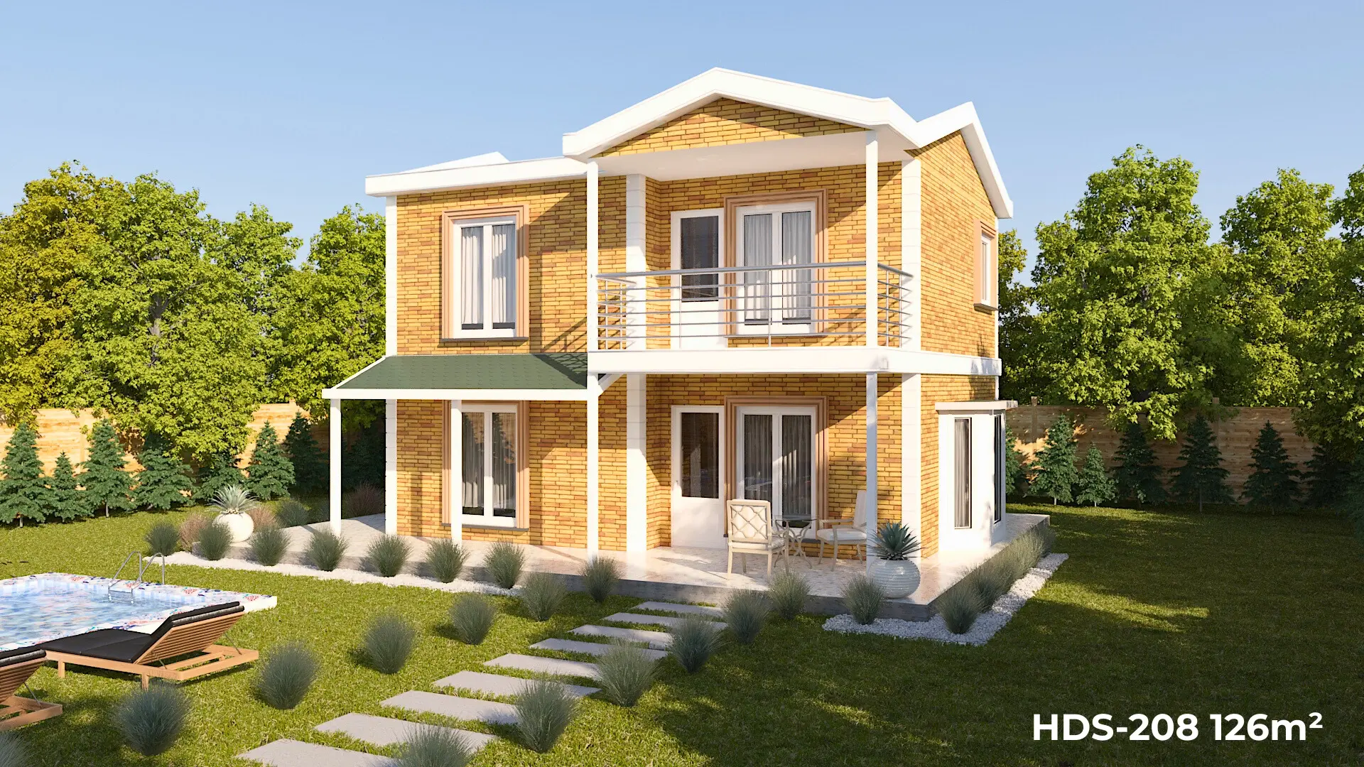 Sarı cepheli HDS-208 126 m² 3+1 dubleks çelik ev, modern mimarisi ve geniş terasıyla ferah yaşam alanı.
