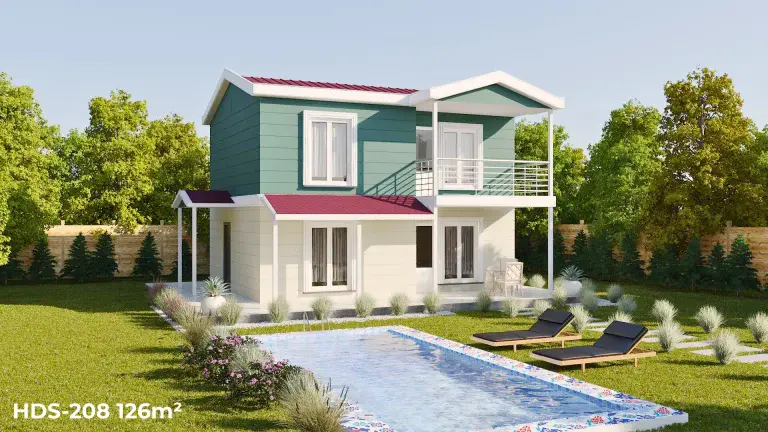 Pembe cepheli HDS-208 126 m² 3+1 dubleks çelik ev, bahçeli ve balkonlu ferah tasarım.