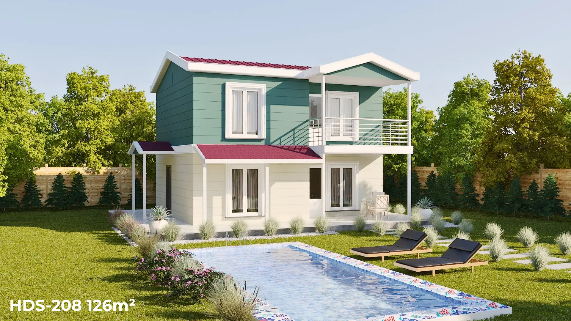 Pembe cepheli HDS-208 126 m² 3+1 dubleks çelik ev, bahçeli ve balkonlu ferah tasarım.