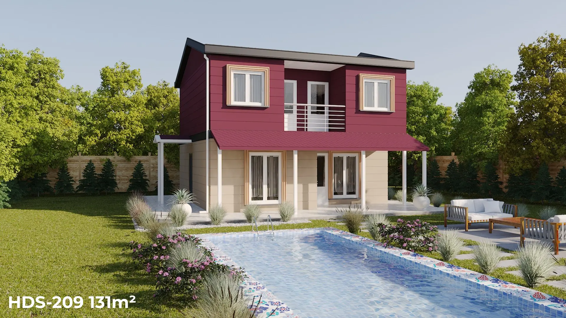 Modern kırmızı ve beyaz dış cepheye sahip, geniş bahçeli ve havuzlu HDS-209 131 m² dubleks çelik ev.