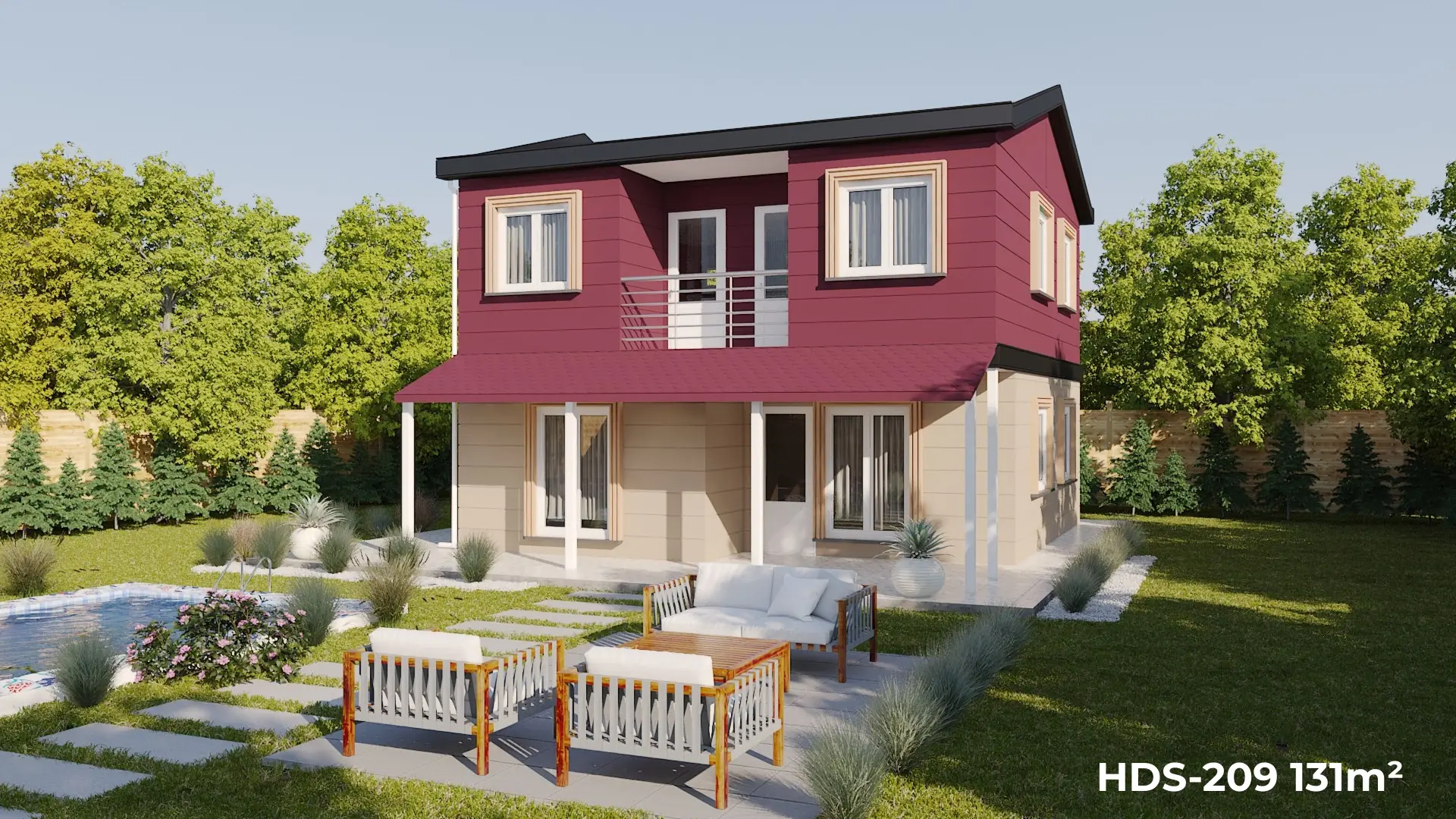 Kırmızı çatılı ve beyaz detaylı HDS-209 131 m² dubleks çelik evin arka bahçeden görünümü.