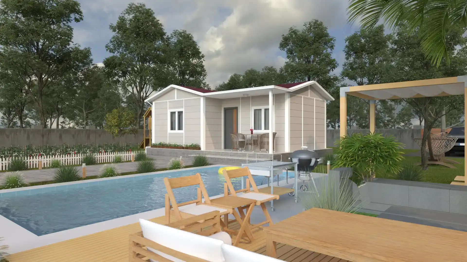 Trakya bölgesinde havuzlu bahçeli 40 m² 1+1 prefabrik ev