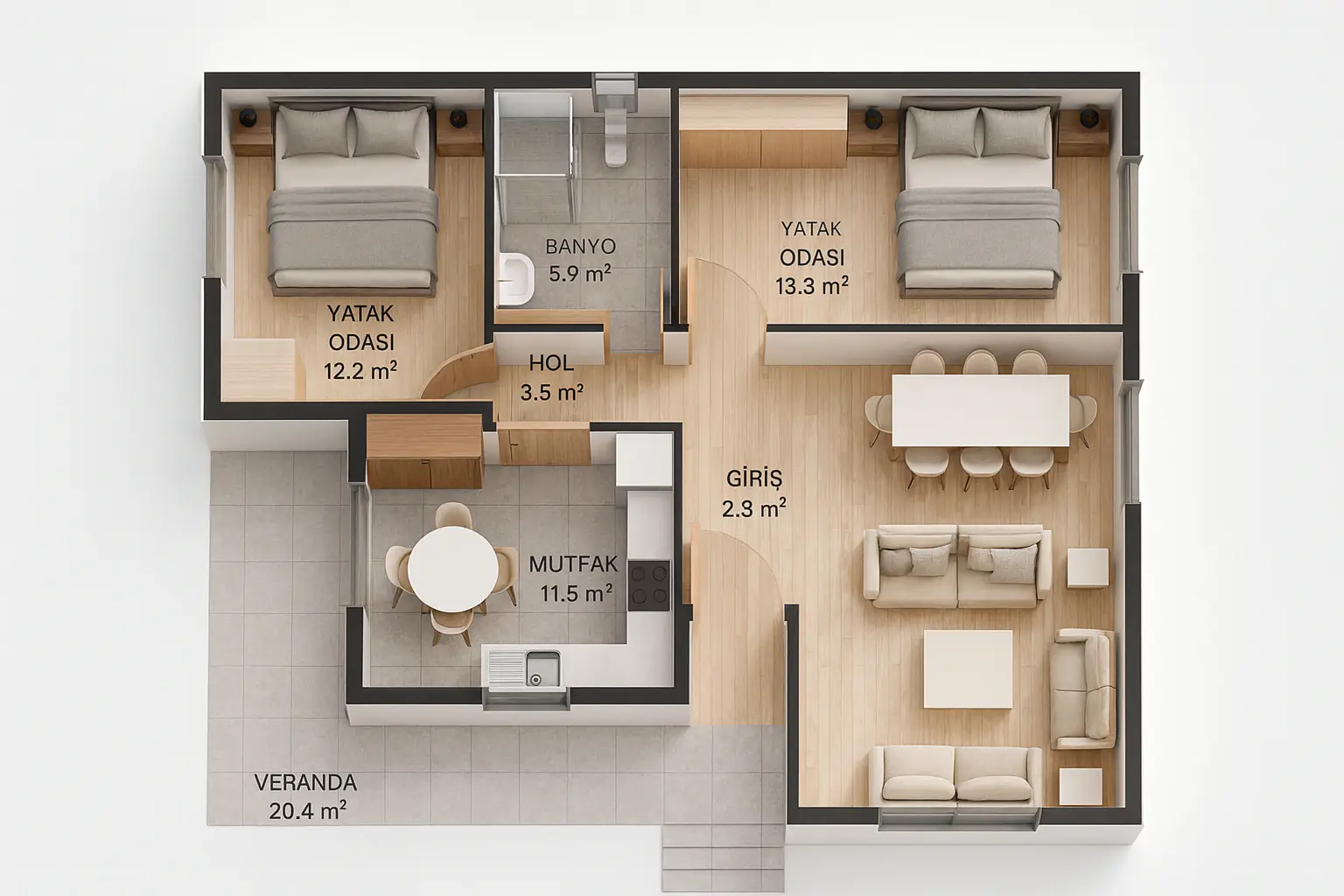 100 m² 2Plus1 Tek Katlı Çelik Ev Kat Planı Tekirdağ | Hibrit Design