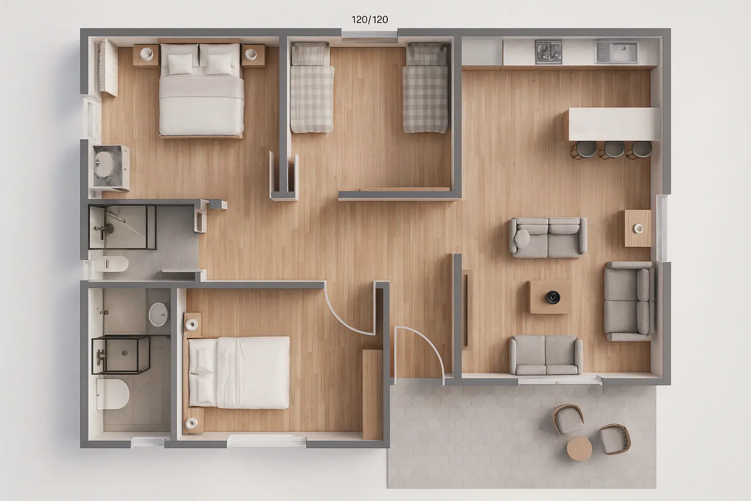 115 m² 2 Banyolu Tek Katlı Çelik Ev Kat Planı | Hibrit Design