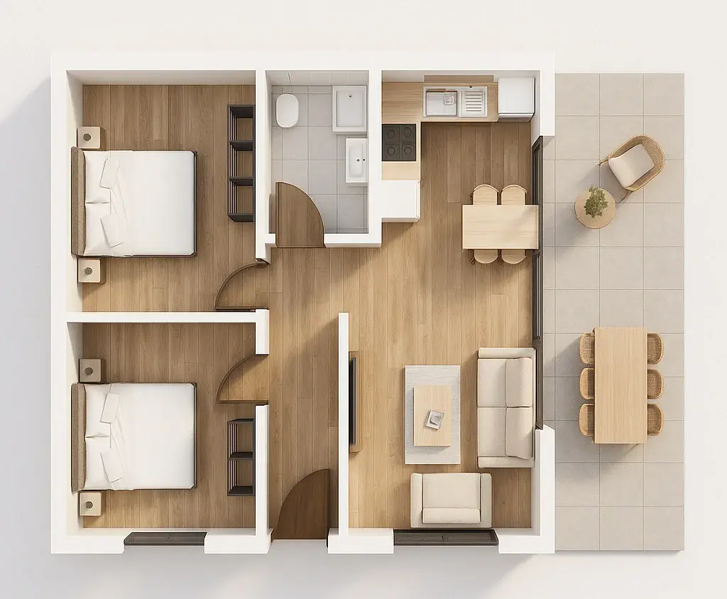 82 m² 2Plus1 Tek Kat Çelik Ev 3D Kat Planı 1 E1759396869312 | Hibrit Design