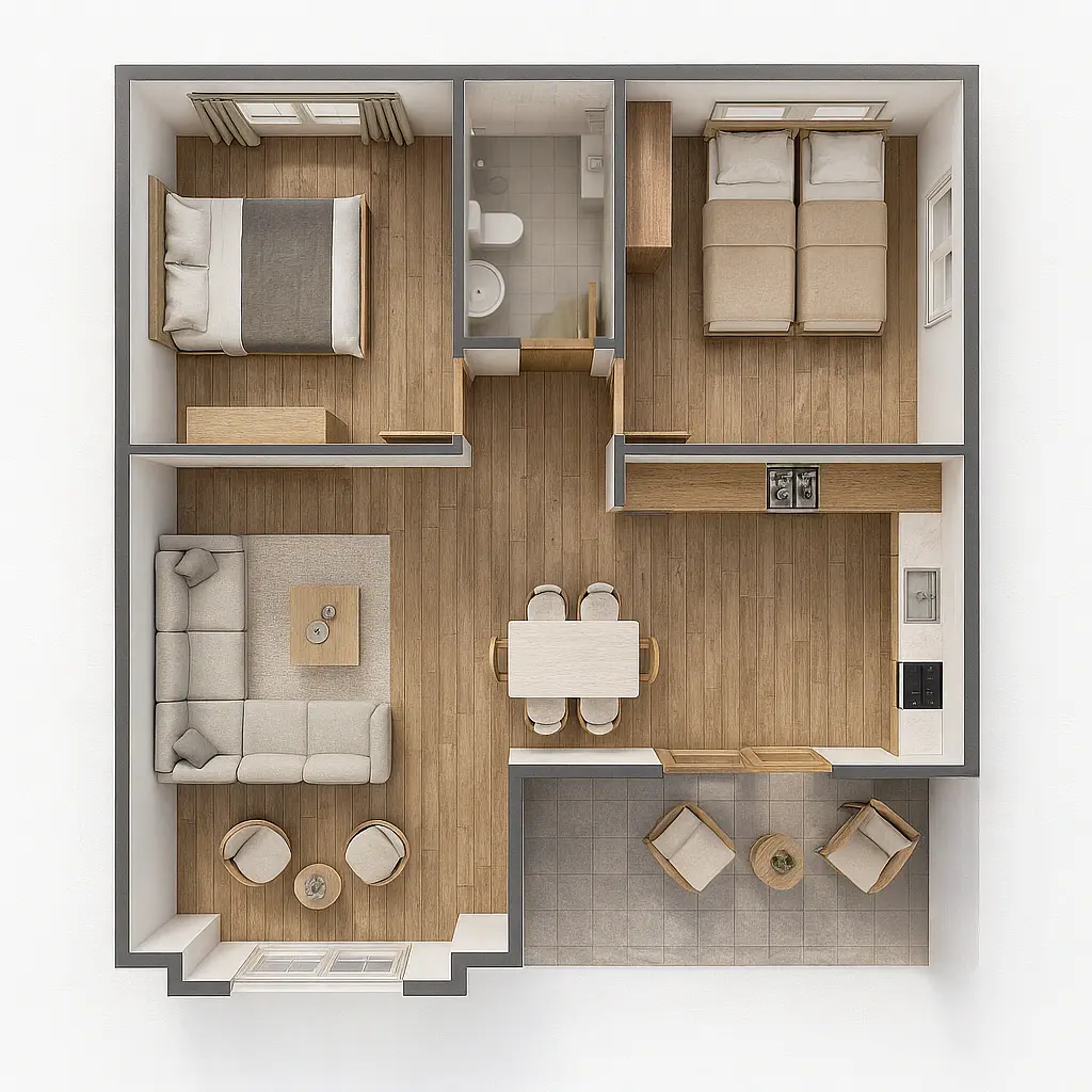 86 m² 2Plus1 Tek Katlı Çelik Ev Kat Planı | Hibrit Design