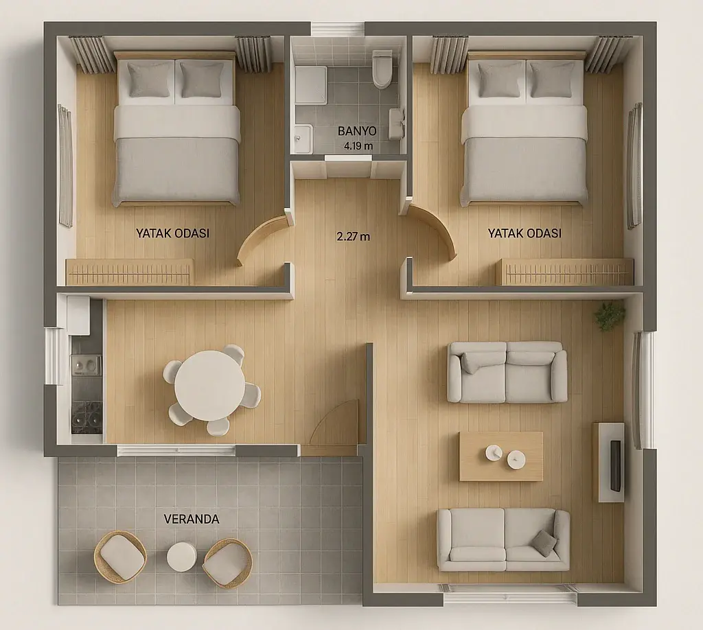 90 m² 2Plus1 Tek Katlı Çelik Ev Kat Planı E1759403753819 | Hibrit Design