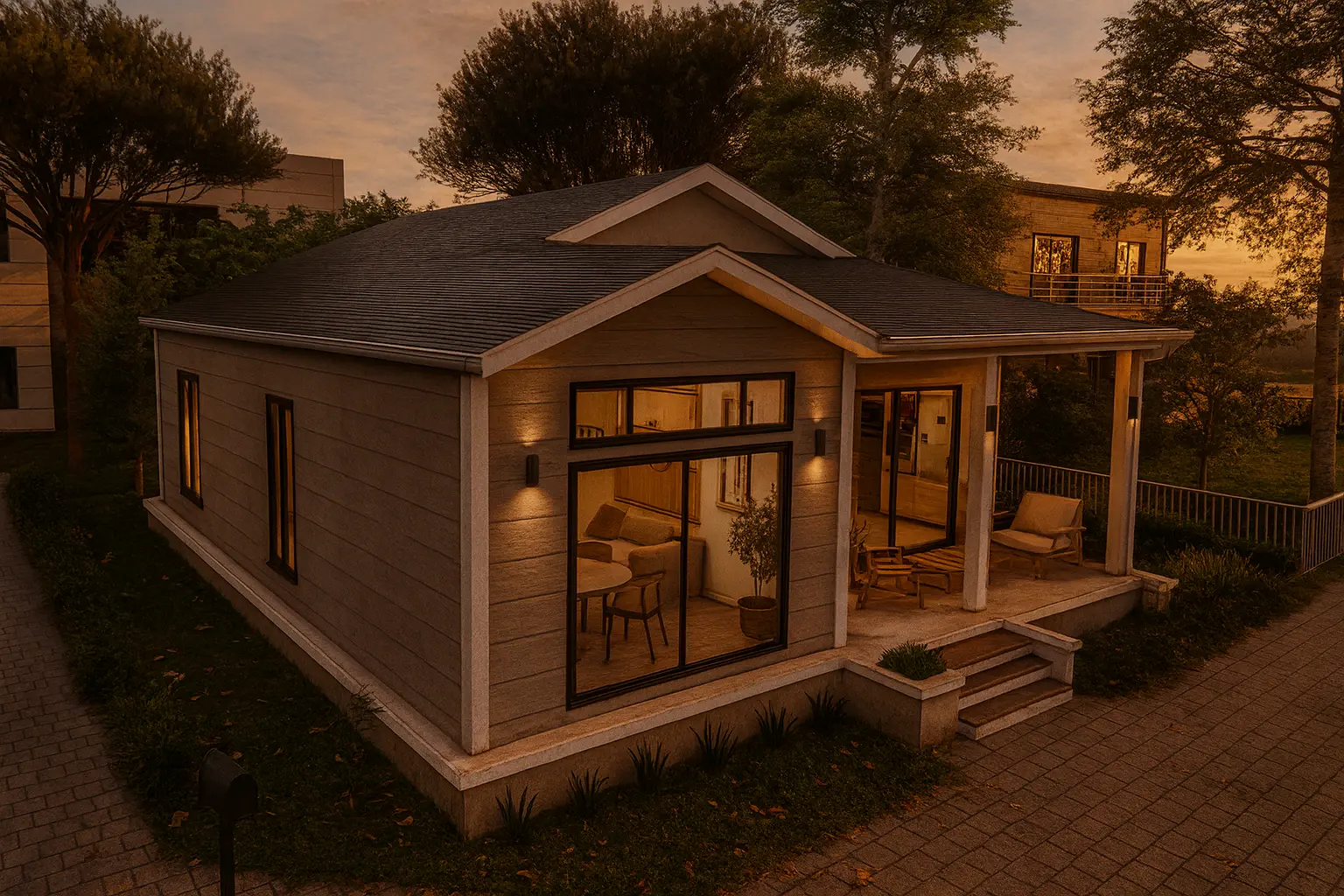 91 m² 2Plus1 Tekirdağ Tek Katlı Çelik Ev Genis Pencereler | Hibrit Design