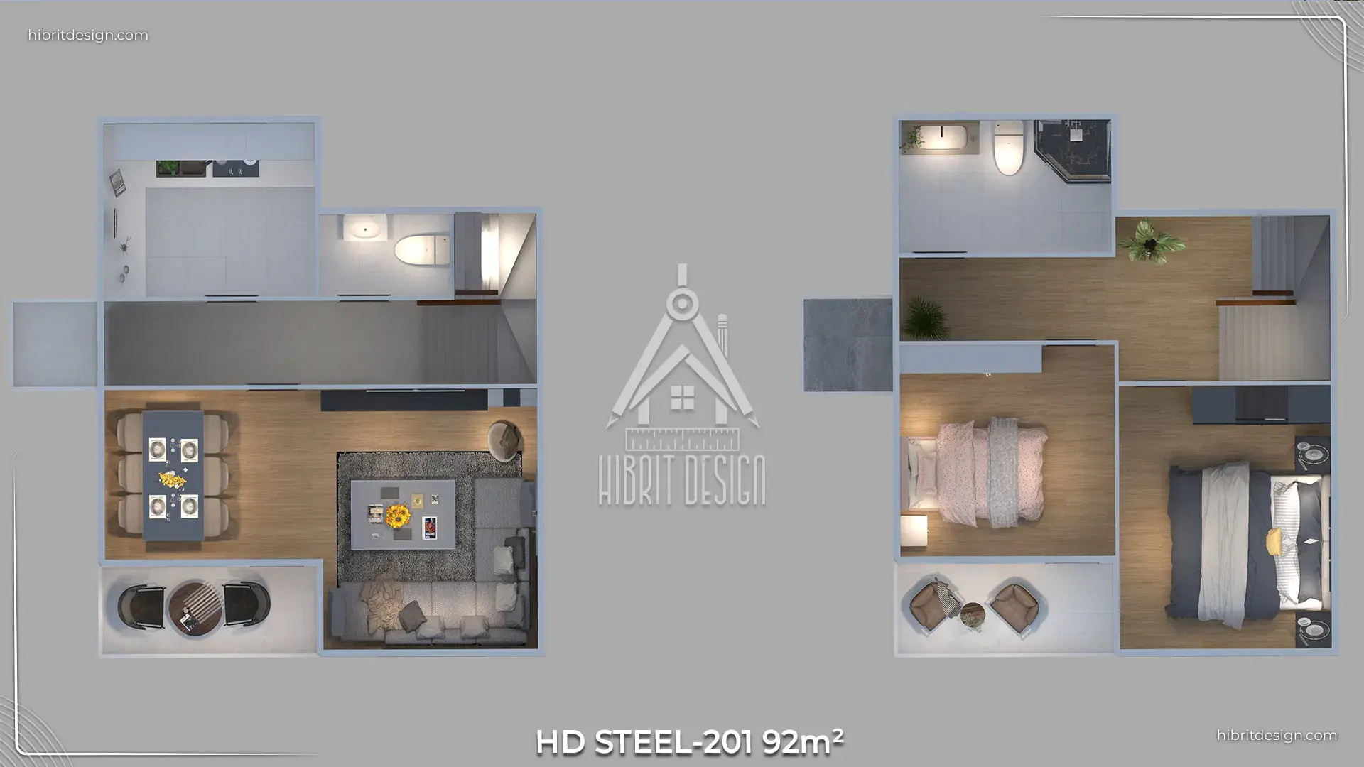 HD-201 92 m² 2 katlı dubleks prefabrik ev – 2+1 oda planı, alt ve üst kat yerleşimi