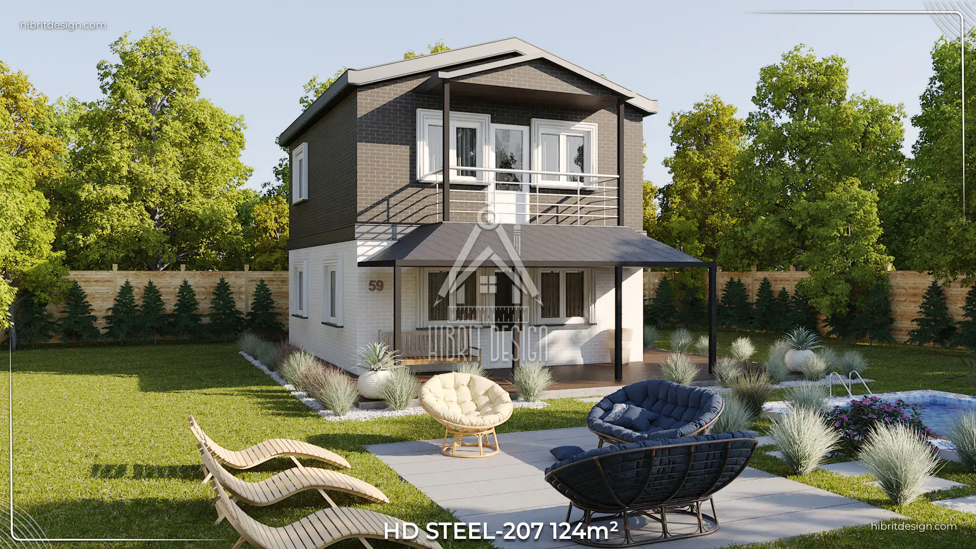 HDS-207 dubleks çelik evin balkon detayı, modern cam korkuluk ve geniş ön cephe.