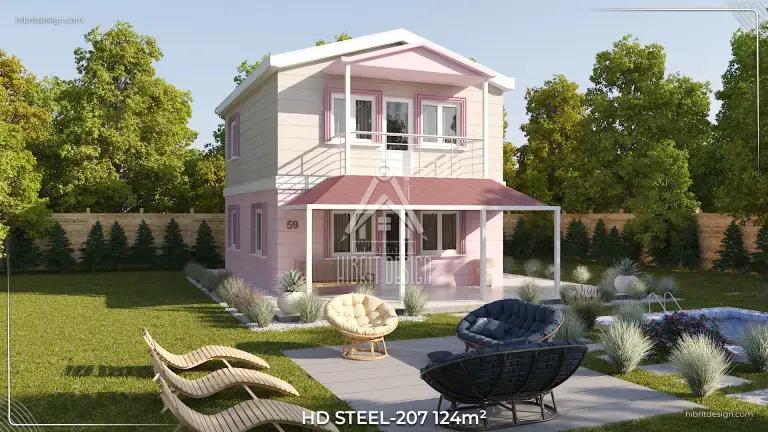 HDS-207 pembe dubleks çelik ev, arka bahçede geniş oturma alanı ve peyzaj düzenlemesi.