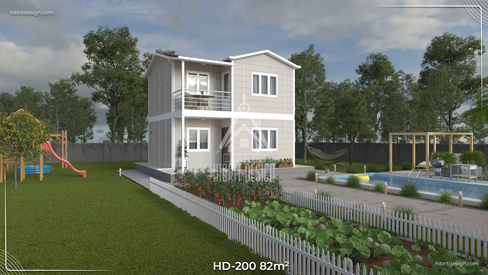 HD-200 82 m² 2 katlı prefabrik ev – 2+1 plan, 2 banyolu, balkon ve verandalı bahçeli yan cephe