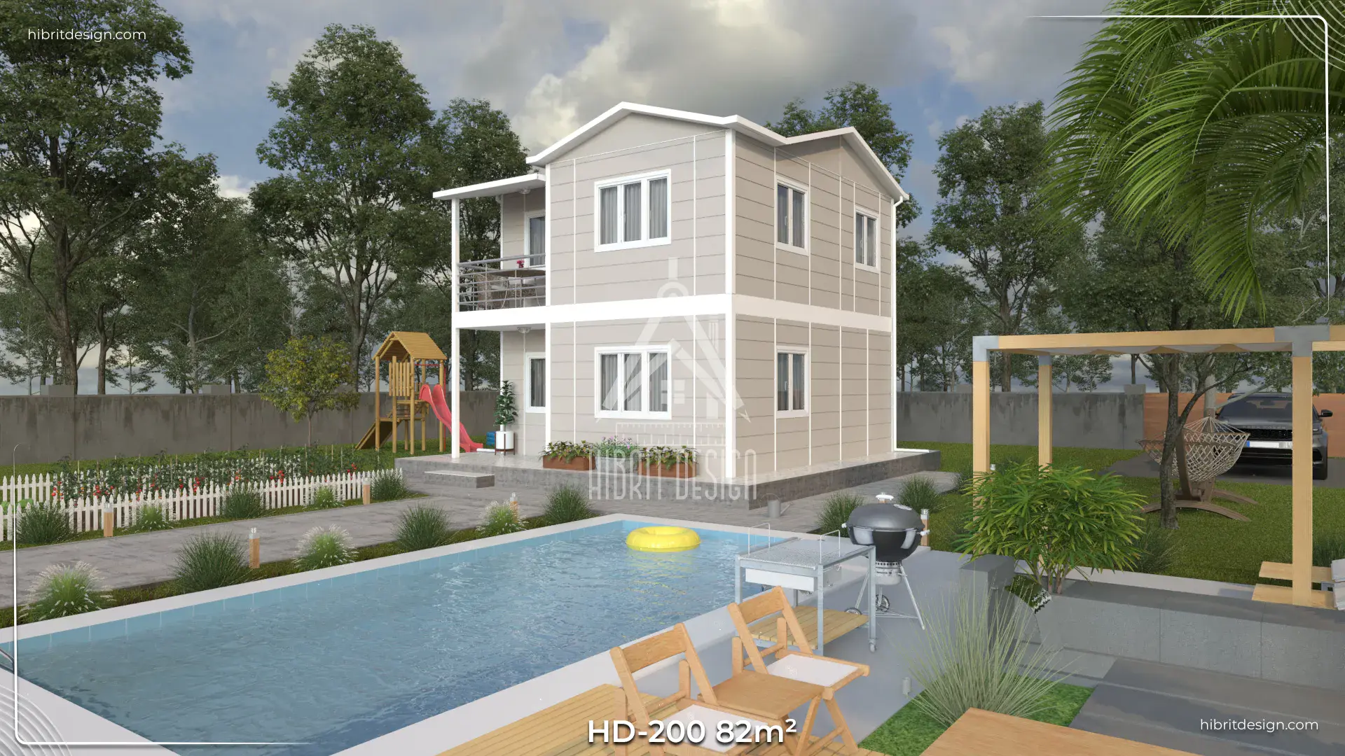 HD-200 82 m² 2 katlı prefabrik ev – 2+1 plan, 2 banyolu, balkon ve verandalı, havuz kenarı görünüm