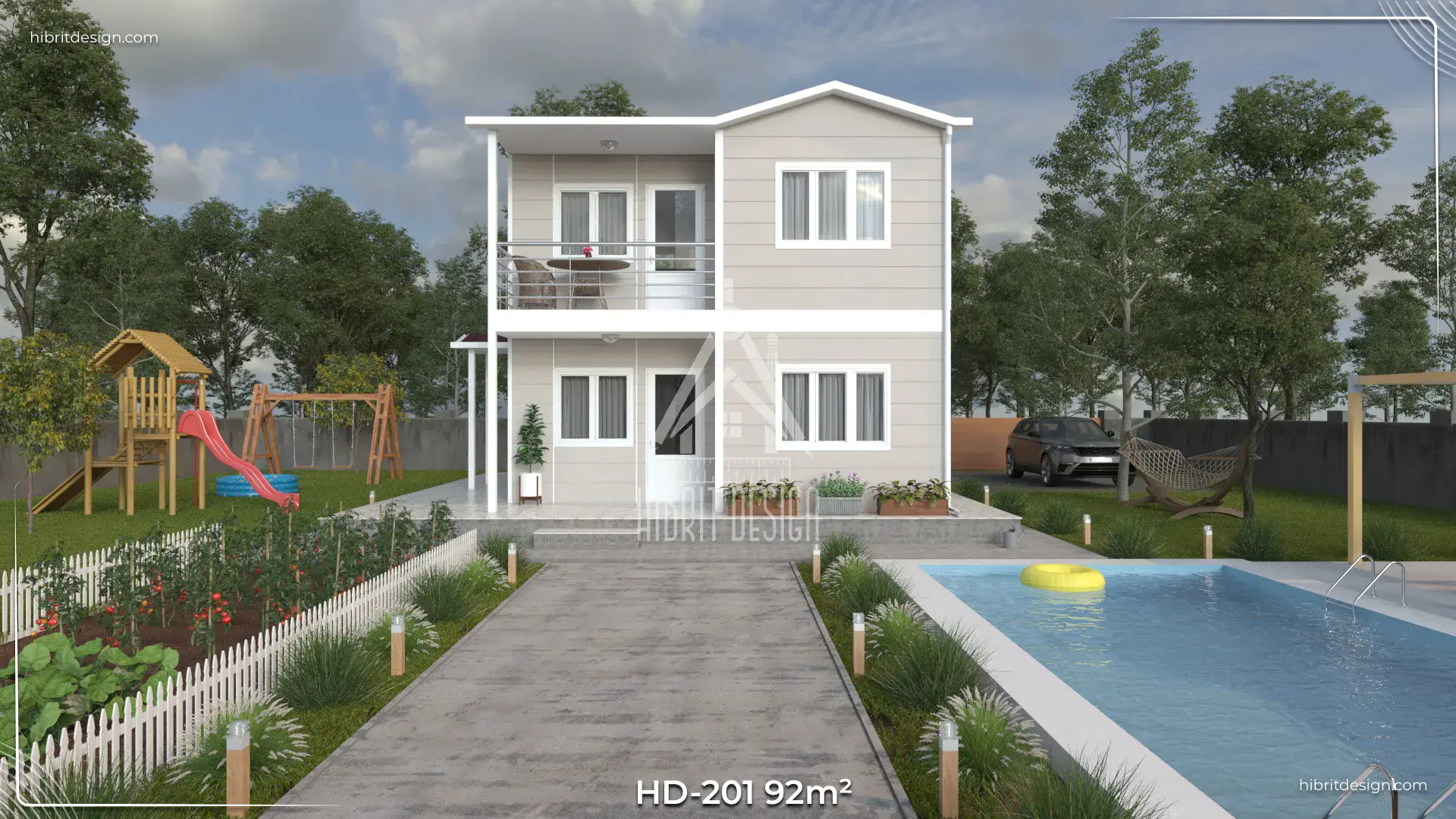 HD-201 92 m² 2 katlı dubleks prefabrik ev – ön giriş, geniş veranda ve balkonlu tasarım