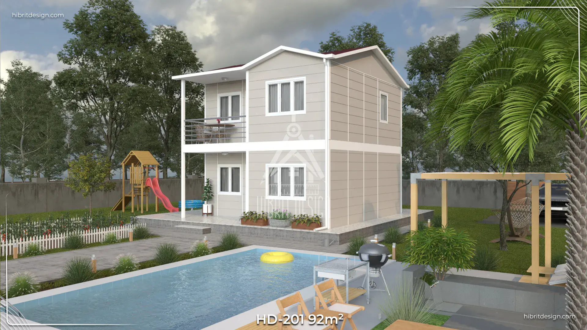 HD-201 92 m² 2 katlı dubleks prefabrik ev – 2+1 oda, balkon ve veranda, havuz kenarı cephe