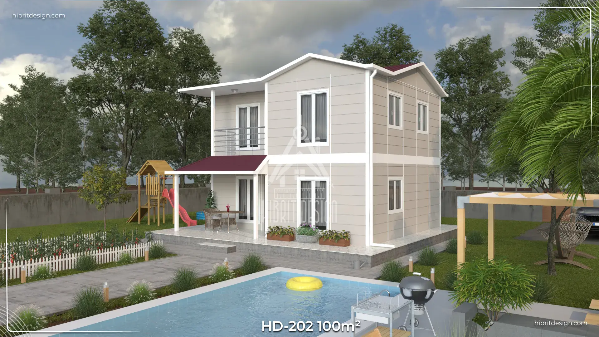 HD-202 100 m² 2 katlı dubleks prefabrik ev – 2+1 oda, 2 banyo, bahçeli arka cephe