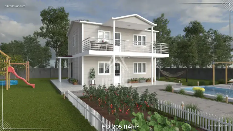 Bahçe ve yan cephe perspektifinde geniş balkonlu 3+1 dubleks prefabrik ev – HD-205