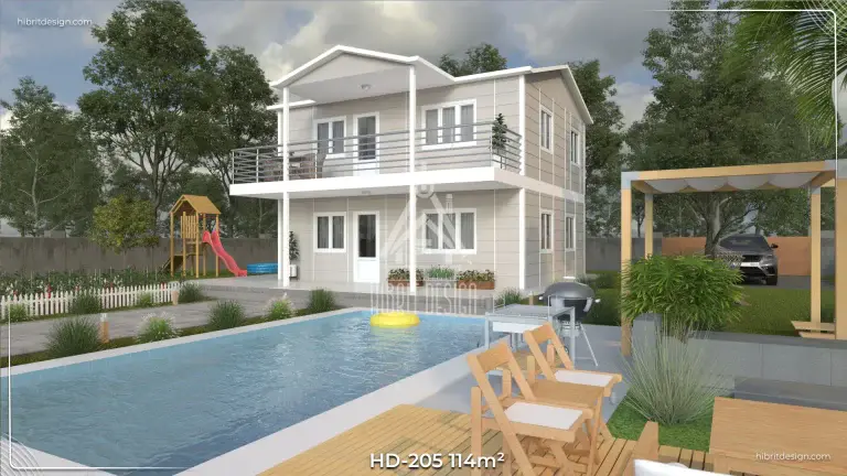 Havuz kenarında geniş balkonlu beşik çatılı 3+1 dubleks prefabrik ev – HD-205 114 m²