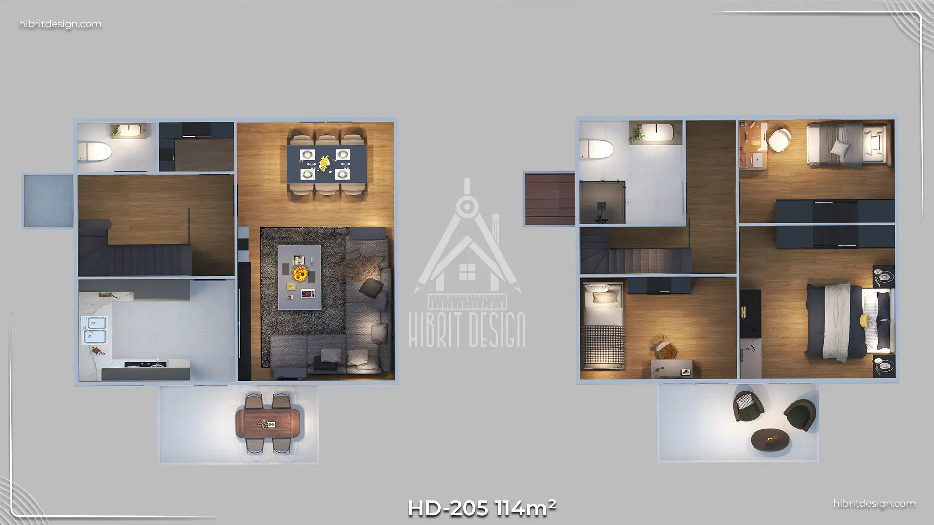 HD-205 114 m² 3+1 dubleks prefabrik ev kat planı – alt ve üst kat düzeni